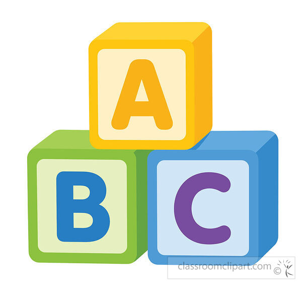 ABC blocks clipart with stacked yellow green and blue cubes showing large A B and C letters