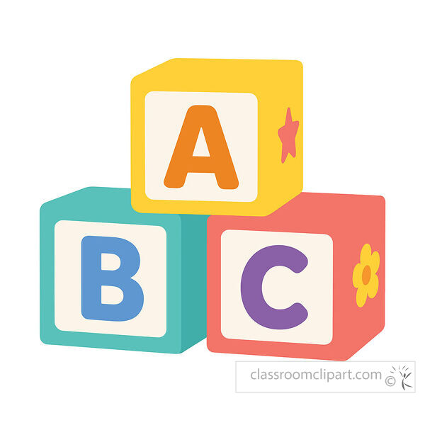 Bright clipart of stacked ABC blocks with colorful letters and small star and flower details