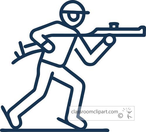 Outline of a biathlon athlete skiing while aiming a rifle.