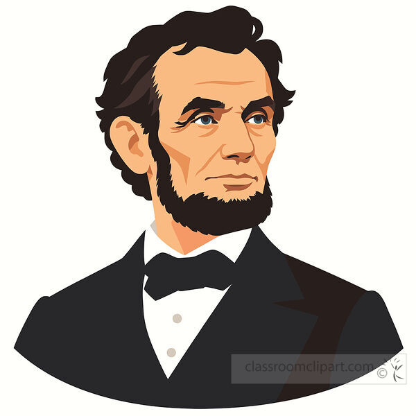 Abraham Lincoln portrait with dark hair chin beard black formal suit white shirt and a black bow tie