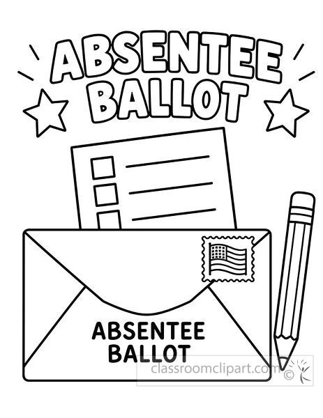 Absentee ballot coloring page with envelope ballot pencil stars and postage stamp for election lessons