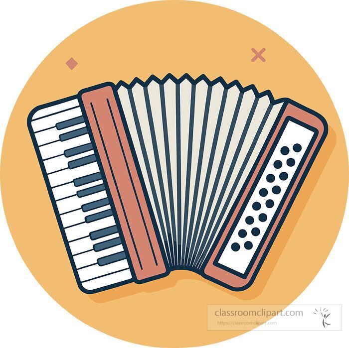 Flat vector illustration of an accordion musical instrument featuring bellows piano keys and buttons shown on a blue circular background perfect for music education and creative projects