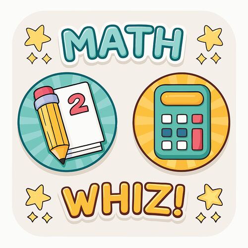 A fun educational sticker featuring a pencil with a notebook and a calculator with Math Whiz text