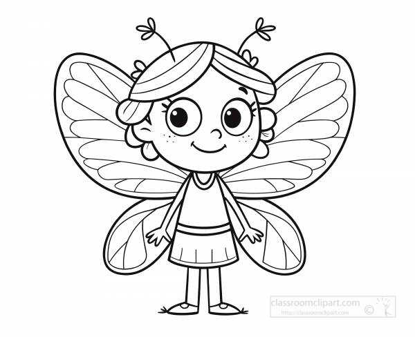 friendly fairy with big eyes and large butterfly wings standing and smiling in a kids coloring page