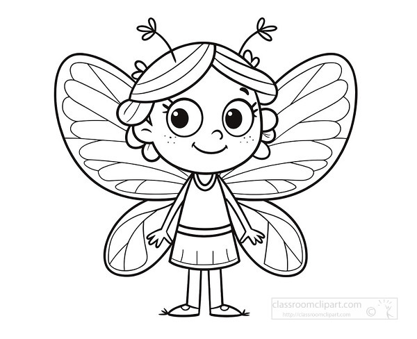 friendly fairy with big eyes and large butterfly wings standing and smiling in a kids coloring page