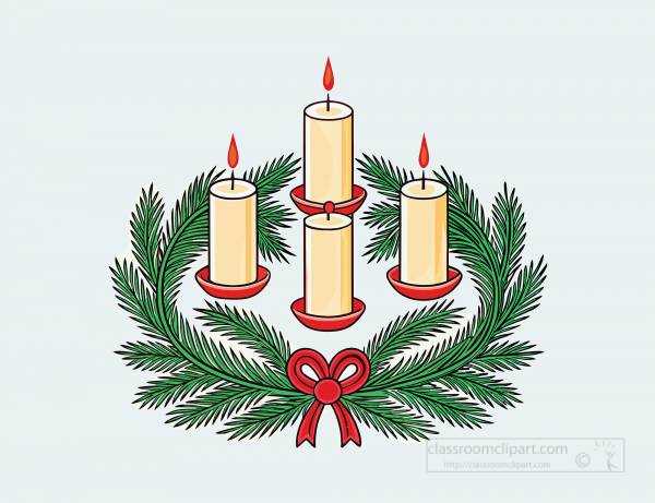 festive advent wreath with green pine leaves four candles glowing and a red bow in the center