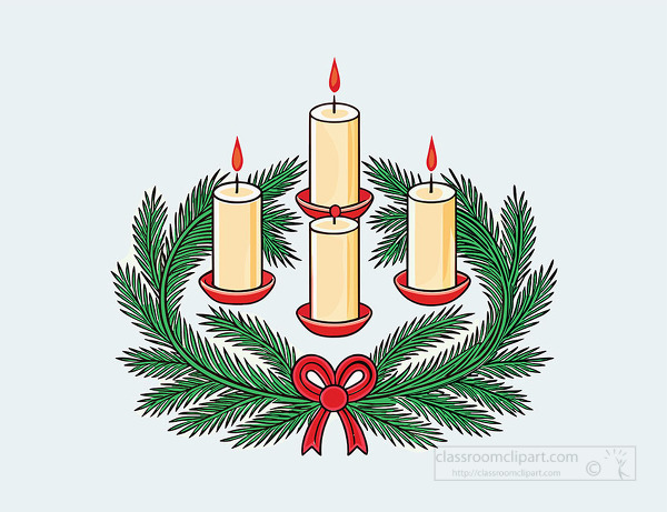 festive advent wreath with green pine leaves four candles glowing and a red bow in the center