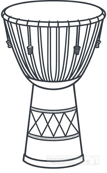 A simple black outline of an African djembe drum showing rope tuning and detailed drum body design