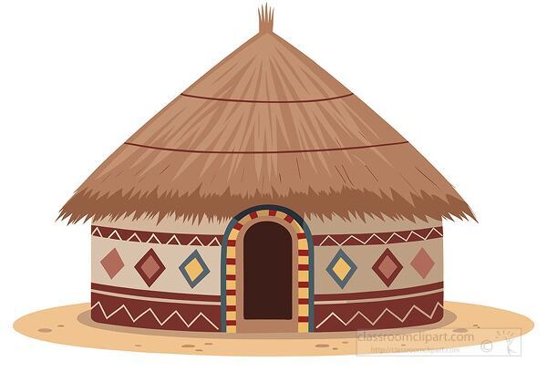 A circular African hut with geometric wall decorations and a large brown thatched roof