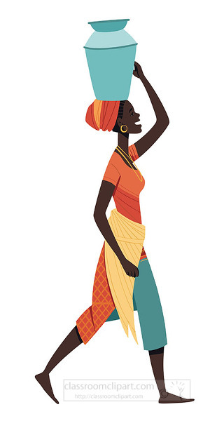 Vector illustration of an African woman in bright traditional dress and headwrap carrying a water jug on her head while walking