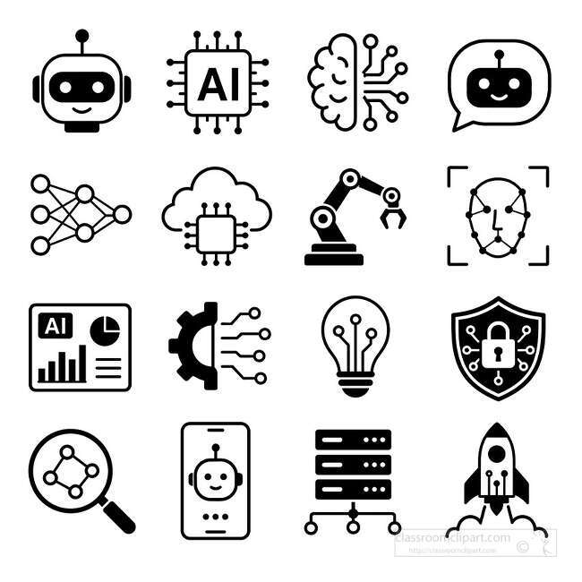 AI technology black icon set with robot chip brain circuit chatbot network cloud robotic arm face scan server and rocket