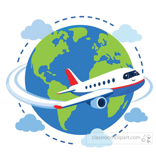 A white passenger airplane flies around a blue and green globe with clouds and a dotted travel path