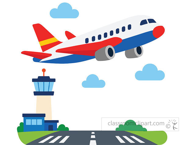 A red white and blue airplane flies above an airport control tower runway clouds and green bushes