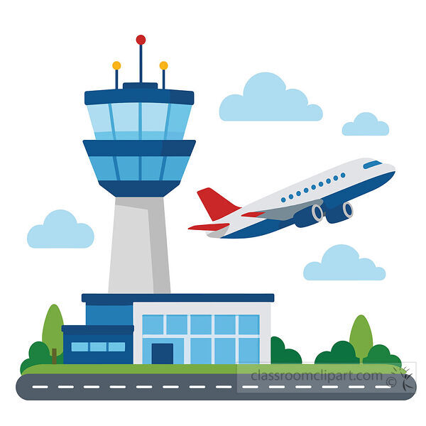 A blue airport control tower stands beside a runway as a passenger airplane takes off in the sky