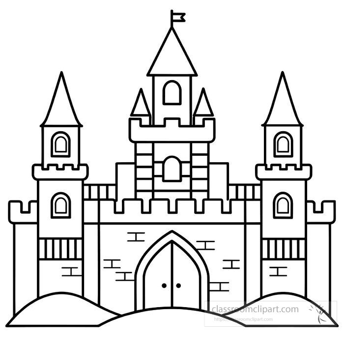 Simple line art illustration of a fairy tale castle with multiple towers drawbridge and surrounding forest