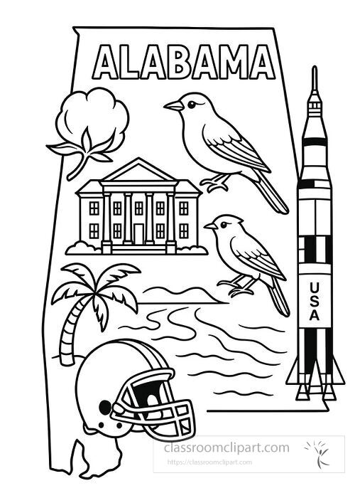 Printable Alabama state coloring page featuring cotton cardinals state capitol rocket and football symbolizing state pride