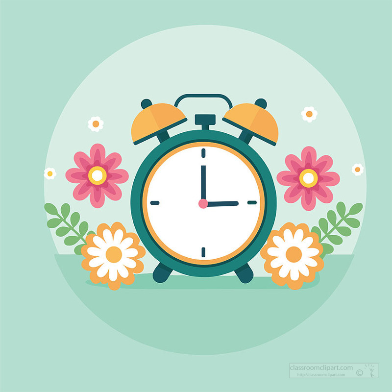 Decorative alarm clock with blooming flowers symbolizing spring time change