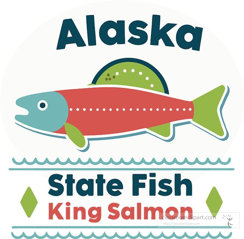 The artwork displays the state symbol of Alaska with a vibrant king salmon The bright colors highlight the significance of this fish in Alaskas culture and ecosystem