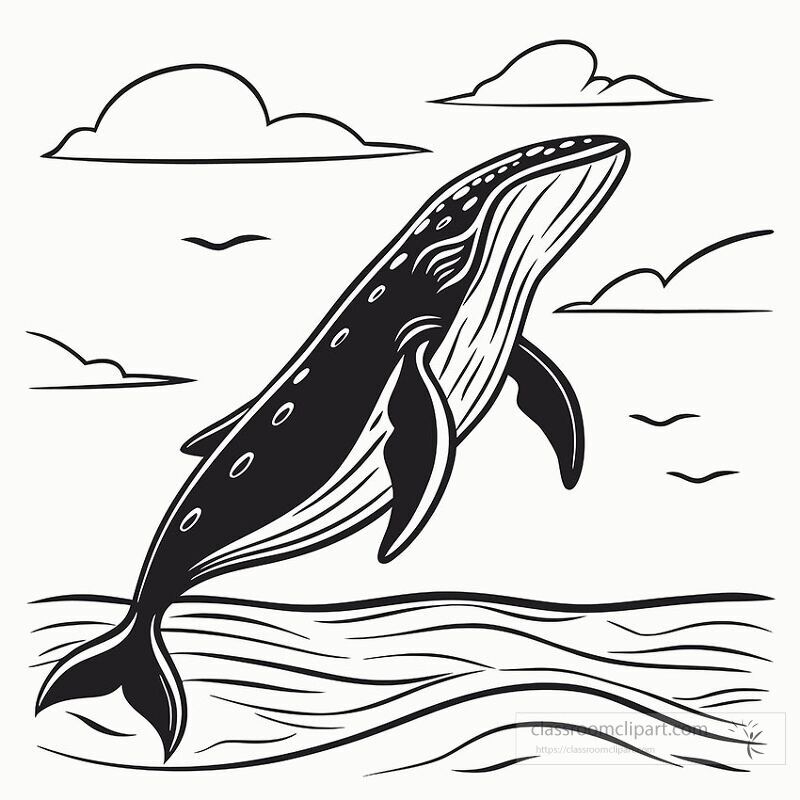 A black and white illustration of a whale leaping above the ocean waves under a cloudy sky This design represents Alaskas natural wildlife and maritime heritage