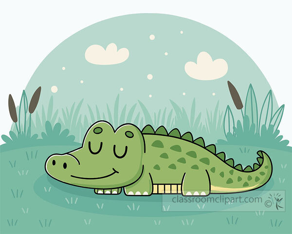 Sleeping alligator clipart in a green wetland scene with cattails grass clouds