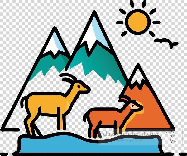 A colorful illustration of two goats in a mountainous landscape with snow-capped peaks, a sun, and a river.