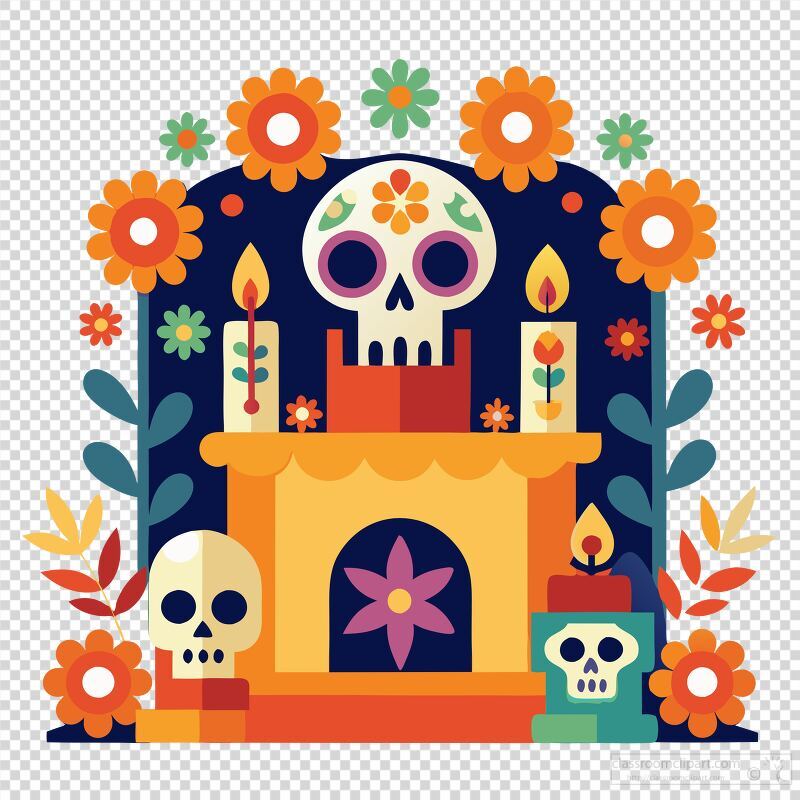 A vibrant altar showcases colorful flowers and decorative skulls celebrating Day of the Dead. Bright candles add warmth to this traditional tribute during daylight.