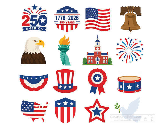 America 250 patriotic icons with flag Liberty Bell eagle torch fireworks bunting hat shield star and dove