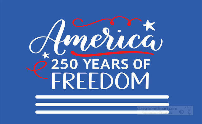 America 250 Years of Freedom lettering on a blue background with white stars red accents and stripe lines