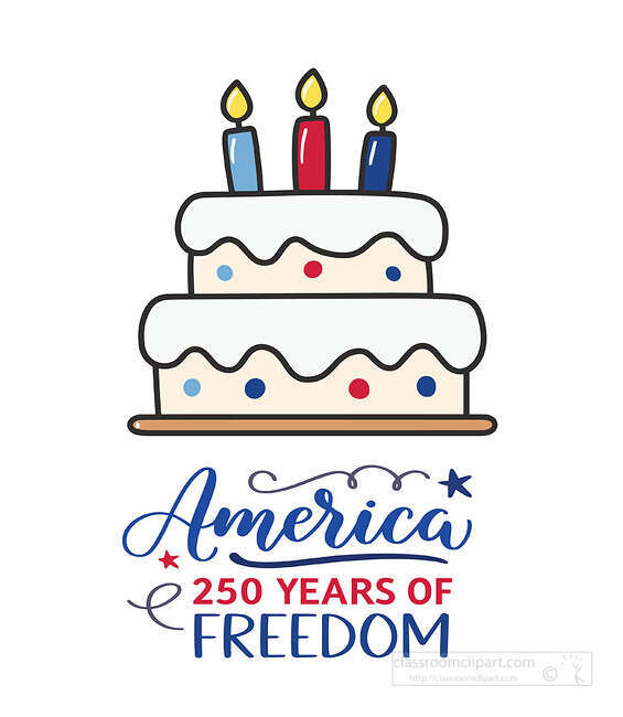 Birthday cake with red and blue candles above America 250 Years of Freedom lettering