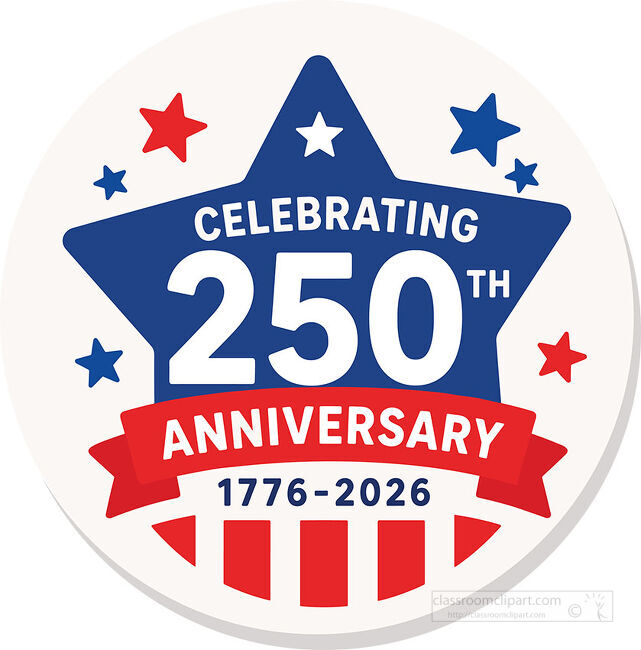 Star shaped patriotic badge celebrating the 250th anniversary with dates 1776 and 2026 red ribbon and blue stars