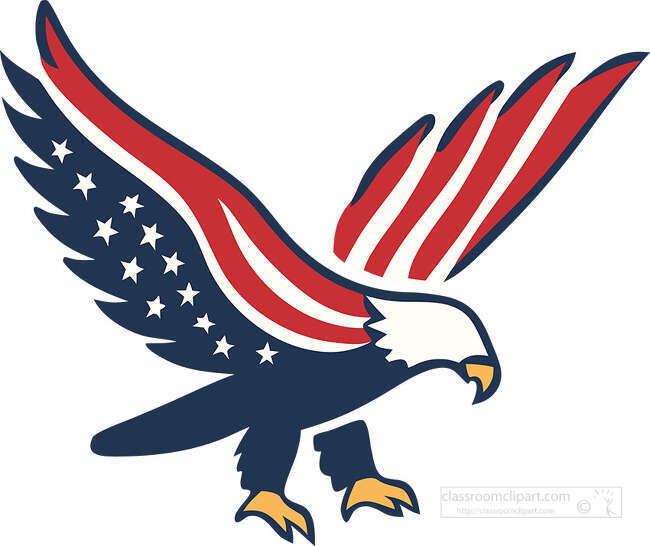 Flying eagle with American flag stars and red white stripes across its wings