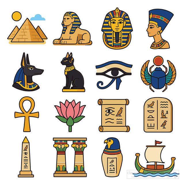 Ancient Egypt symbol icon set with pyramids sphinx pharaoh Anubis cat eye scarab ankh lotus and hieroglyphs