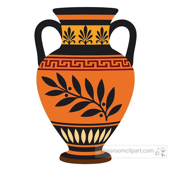 Ancient Greek amphora with black handles orange body meander band and olive branch decoration
