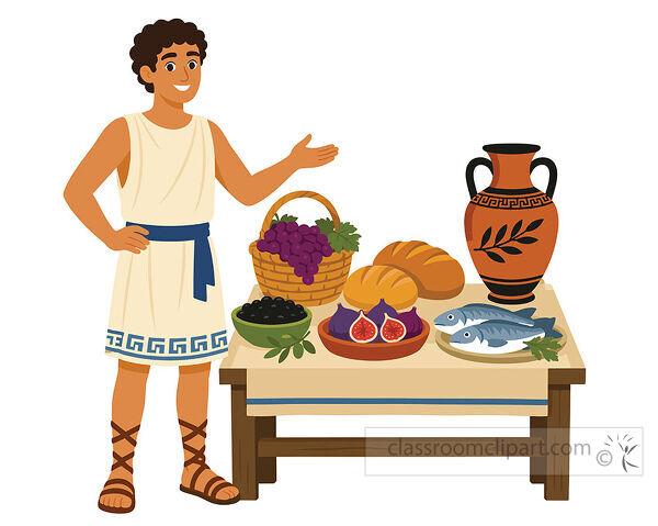 Ancient Greek food seller standing beside a table with grapes bread figs olives fish and an amphora