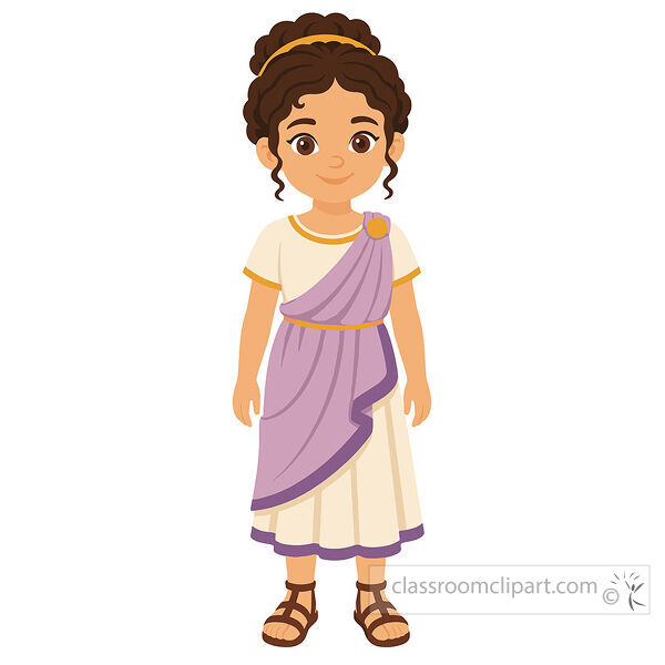 Smiling girl wearing an ancient Greek style cream dress with purple drape and sandals