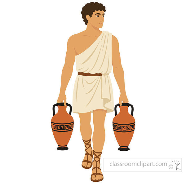 Ancient Greek man carrying two orange amphora jars while wearing a white tunic brown belt and sandals