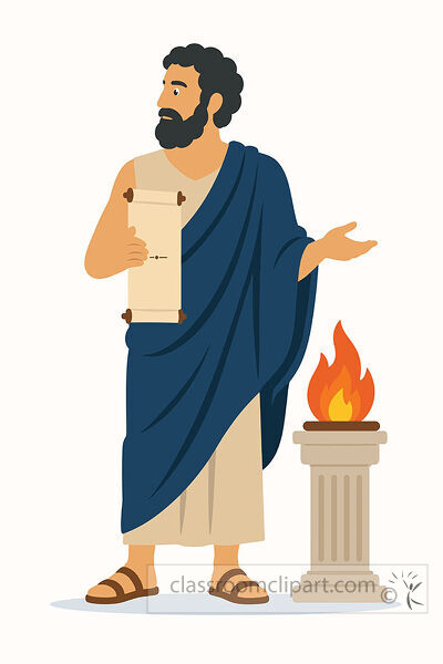 Bearded Ancient Greek philosopher in a blue robe holding a scroll beside a flame on a column