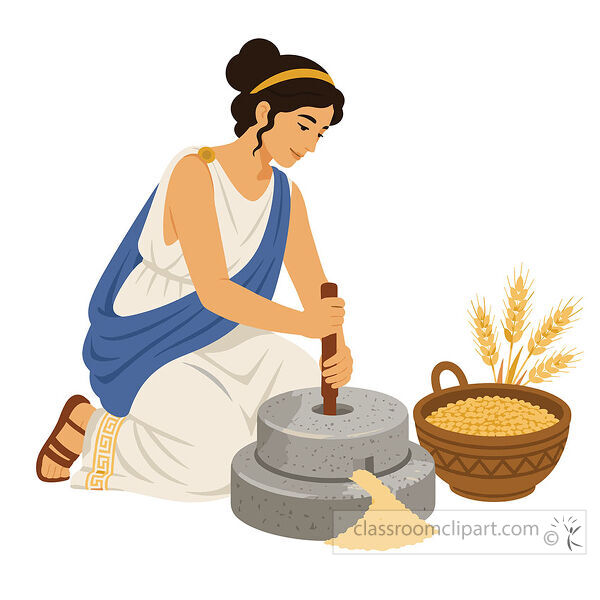 Ancient Greek woman grinding grain with a stone mill beside wheat stalks and a filled basket