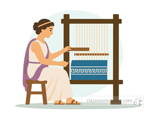 Ancient Greek woman seated at a wooden loom weaving blue fabric with a white meander pattern