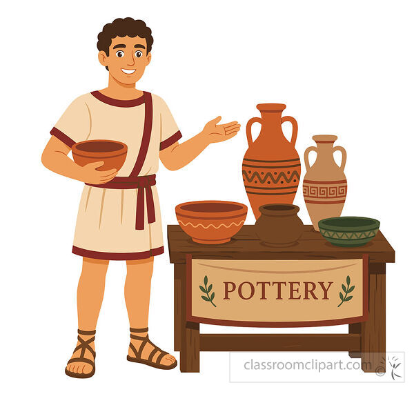 Smiling pottery seller holding a bowl beside a table with vases bowls and a pottery sign