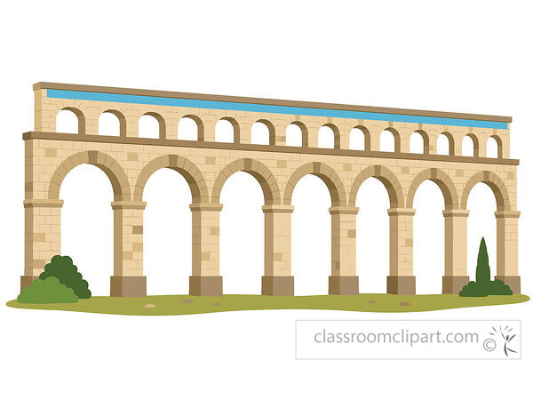 Stone aqueduct with two rows of arches and small green shrubs at the base