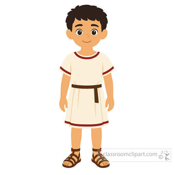 Ancient Roman boy wearing a cream tunic with red trim brown belt and sandals