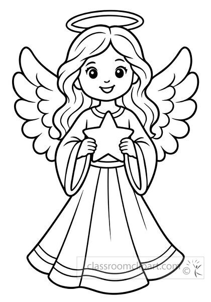 Black and white coloring page of a smiling angel girl with halo wings flowing hair and a large star held in her hands