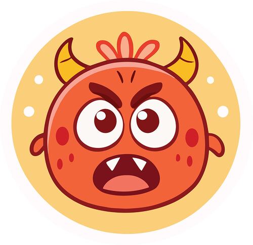 Cartoon monster features horns and an expressive angry face