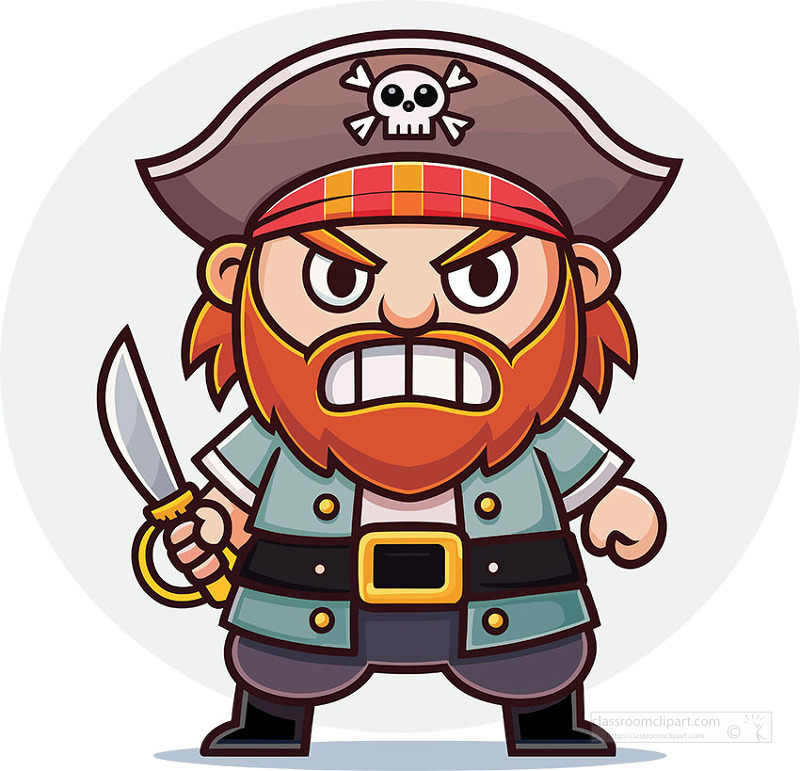 Fierce pirate character with a big red beard pirate hat and skull emblem grips a curved sword with an angry expression.