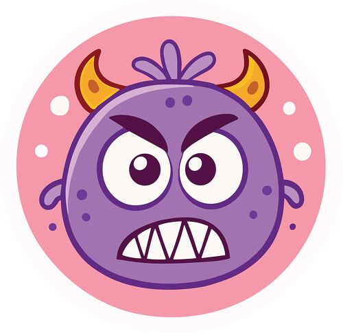 A purple monster with horns shows an angry face against pink