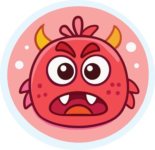 A cartoon-style angry red monster with horns in a circular badge.