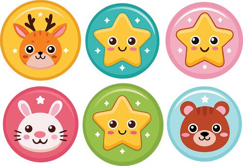 Brightly designed stickers showcase cute animal faces and star shapes ideal for encouragement