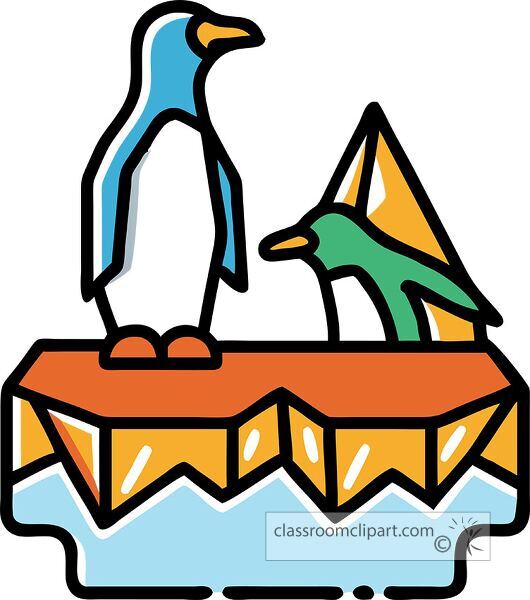 Two cartoon penguins standing on an ice floe with a colorful triangular sail in the background.