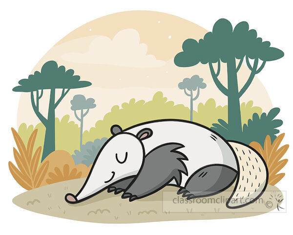 Sleeping anteater clipart curled on grass with trees bushes and warm forest colors behind it